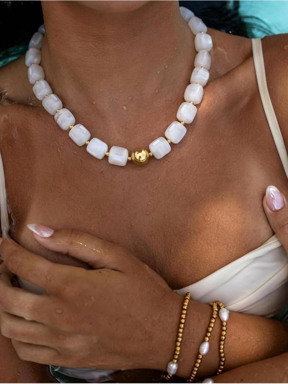 Cream White Beaded Choker Necklace with Gold Accent